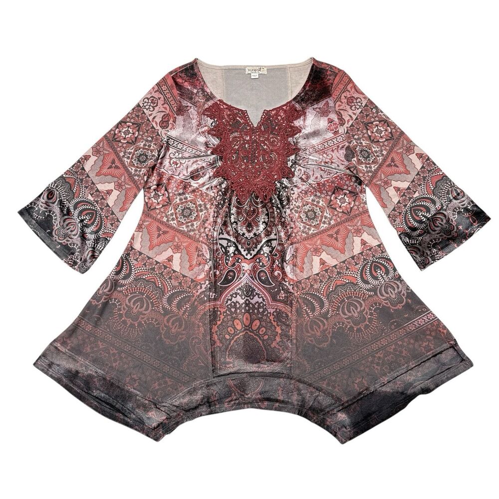 One World Tunic Top Medium Red Blouse Boho Studded Embroidered Floral